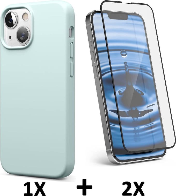 HB Hoesje Geschikt voor Apple iPhone 13 Turquoise / 2X Volledige Glazen Screenprotector - Siliconen Back Cover