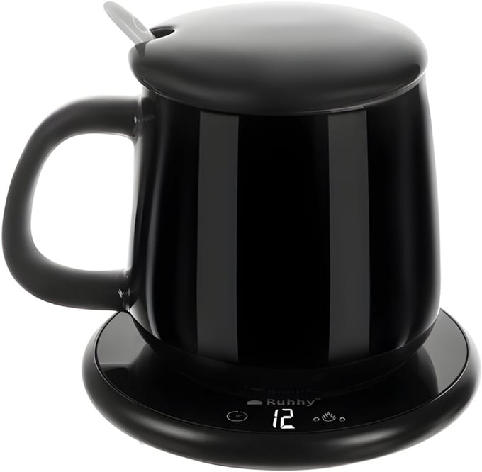 Ruhhy elektrische warmhoudbeker - zwart - keramiek - 400 ml - timer - met verwarmer