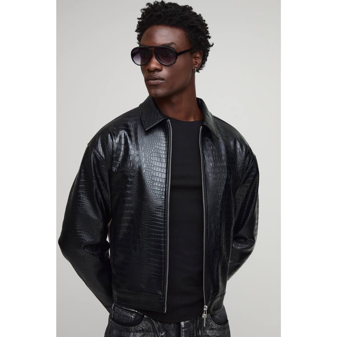 Boxy Faux Croc PU Harrington jas | Black | Size Medium