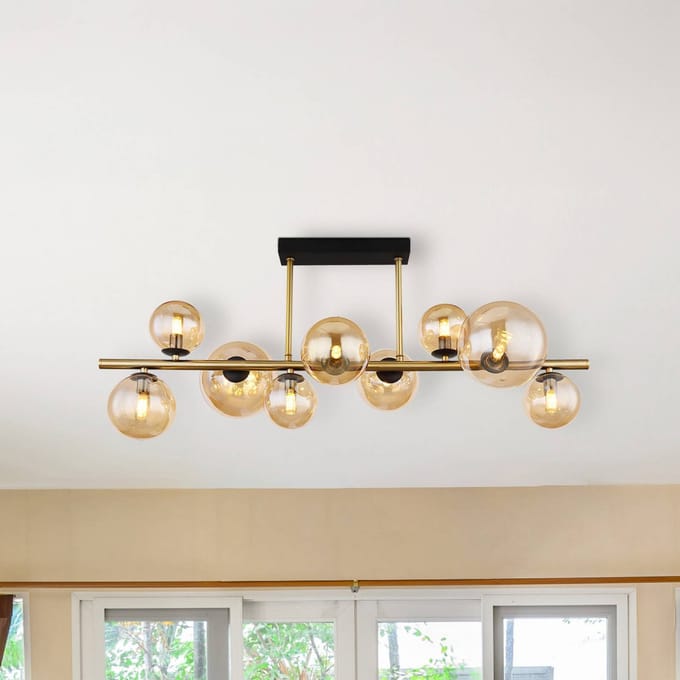 Globo Plafondlamp Riha, lengte 87 cm, amber/messingkleurig, 9-lamps.