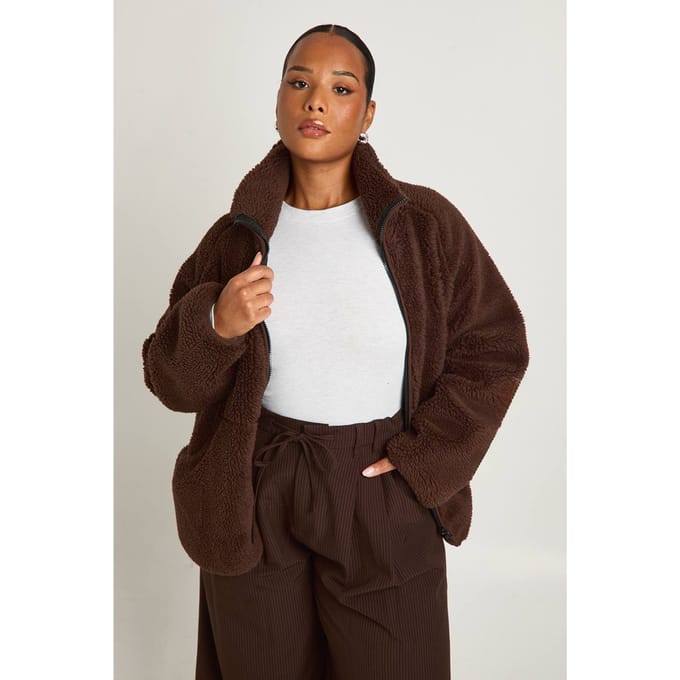 boohoo Dames Plus ritssluiting Teddy-jasje | Chocolate | Maat: 18