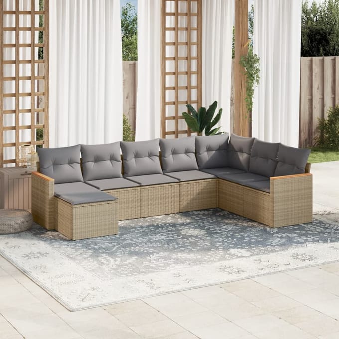 vidaXL - 8-delige - Loungeset - met - kussens - poly - rattan - gemengd - beige