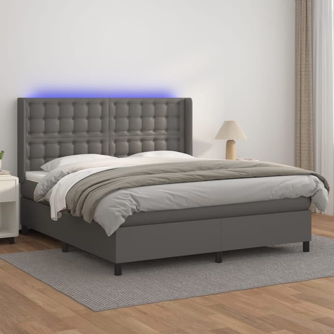 vidaXL - Boxspring - met - matras - en - LED - kunstleer - grijs - 160x200 - cm