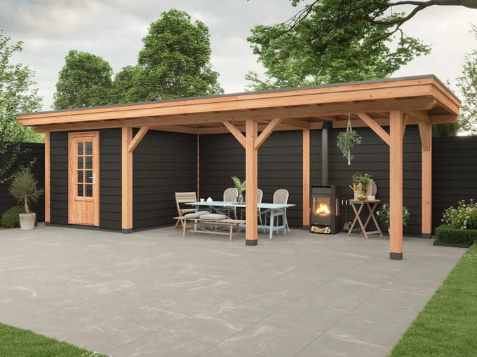 Douglas overkapping, 900 x 300, met schuur en achterwand, Westwood Vrijbuiter Basic