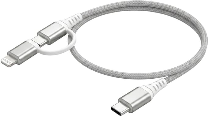 Force Case, 2-in-1 USB-C naar USB-C & Lightning Kabel 60W - Extra Sterk 3A PD - 1.2m, Grijs