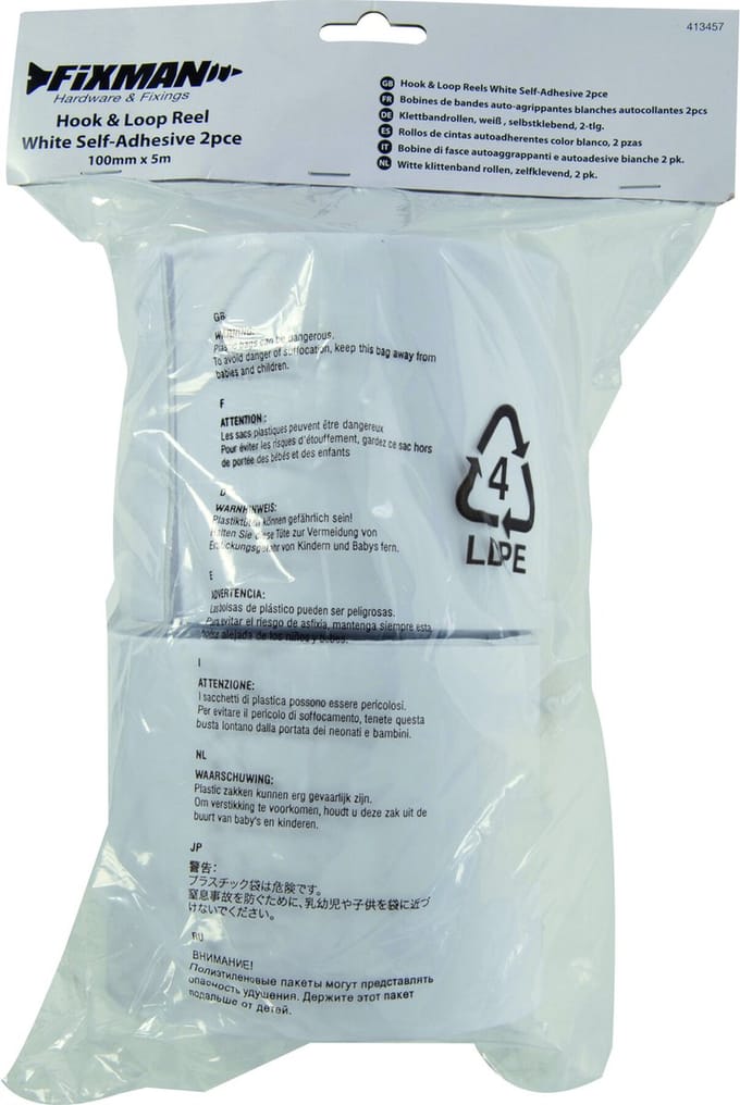 FIXMAN Witte Klittenband Rollen, Zelfklevend, 2 Stuks 100 Mm X 5 M