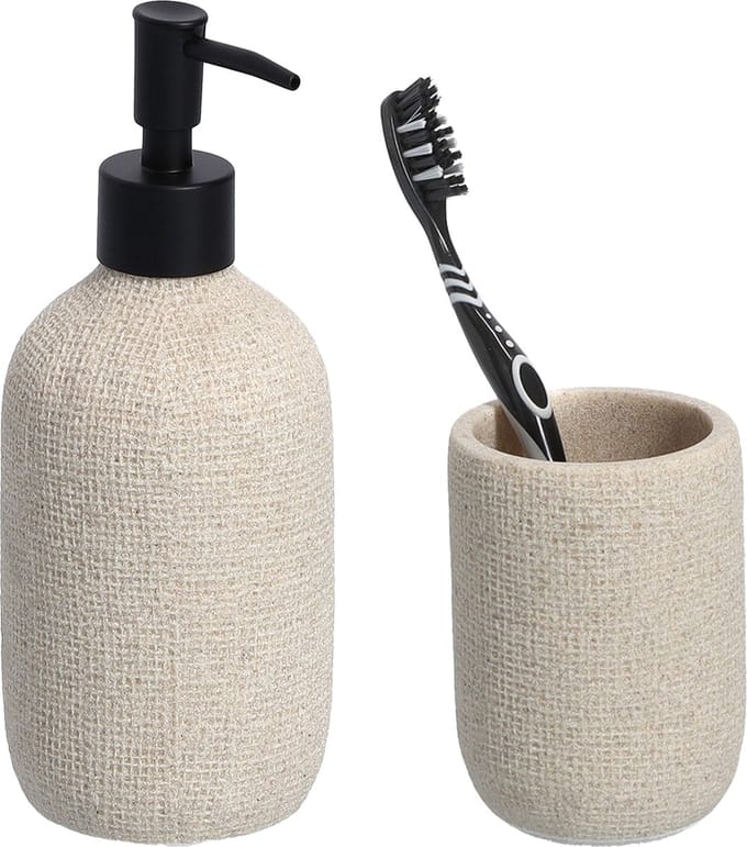 Zeller badkamer accessoires set - kunststeen - jute look - beige
