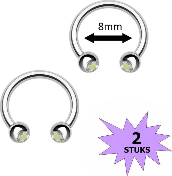 Fako Bijoux® - Circular Barbell Piercing - Hoefijzer Kristal Duo - 8mm - Wit MC - 2 Stuks