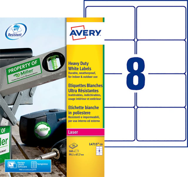 Etiket Avery L4715-20 99.1x67.7mm weerbestendig wit 160 stuks