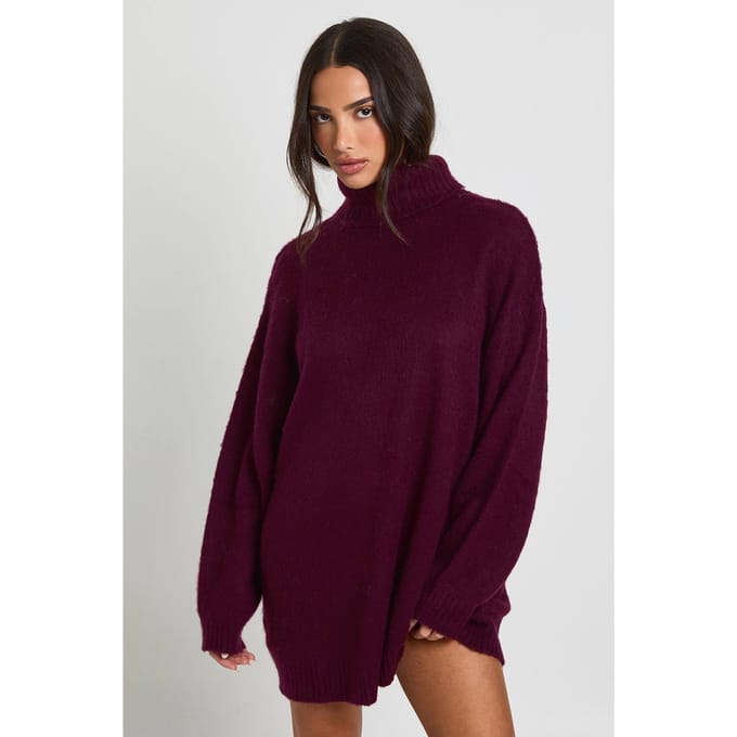 boohoo Dames Petite Super Soft Geborstelde Gebreide Rolkraag Mini-Jurk | Aubergine | Maat: Medium