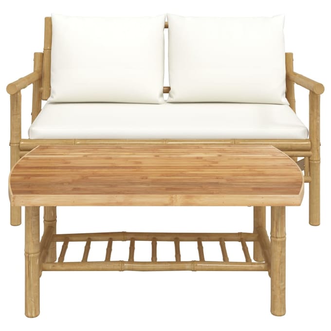 vidaXL - 2-delige - Loungeset - met - kussens - bamboe - crèmewit