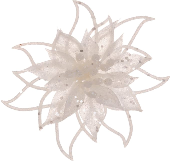 Cosy and Trendy decoratie bloem - op clip - wit - 14 cm - glitters - kunststof