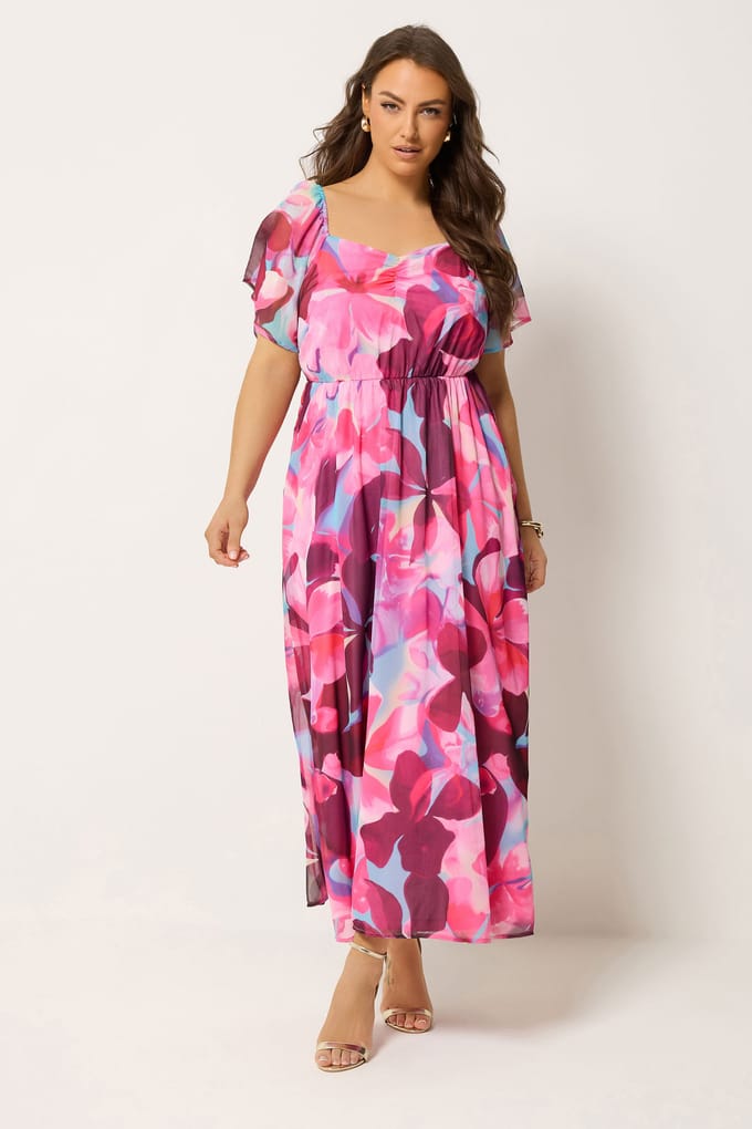 Yours Roze Jurk Met Bloemenprint En Engelenmouwen Size 48