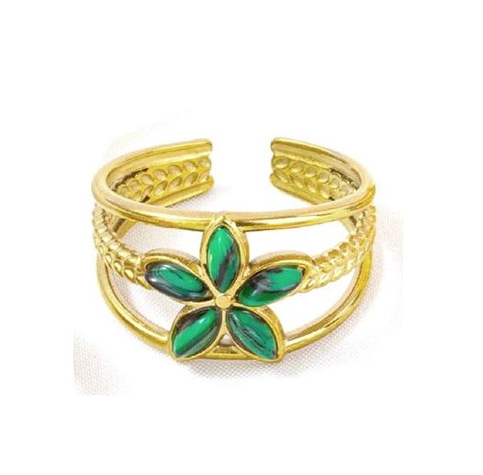 Ring met Bloem - RVS - One Size - Goudkleurig - Bloem met Steen Groen