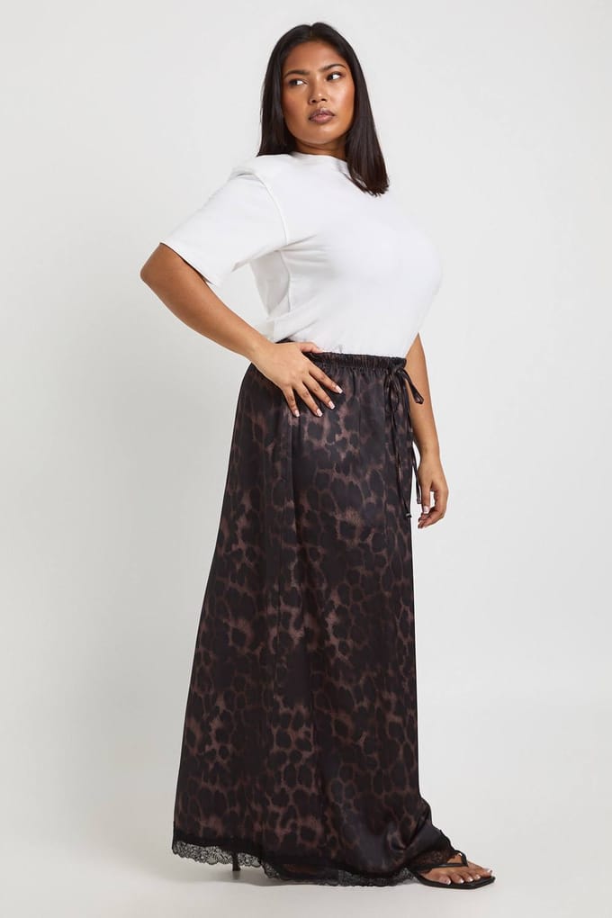 boohoo Dames Plus Geweven Luipaard Kant Maxi Rok | Black | Maat: 24