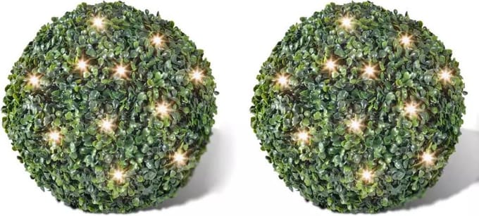 vidaXL - Ronde - kunstbuxus - 27 - cm - met - solar - LED-verlichting - (2 - stuks)