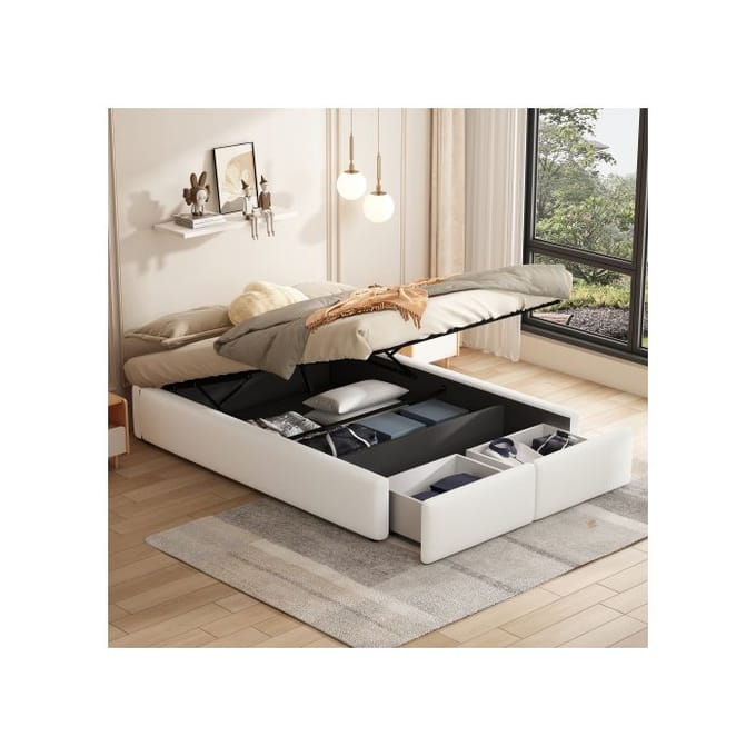 Gestoffeerd bed - MUVOE - 140x200cm - Wit - Hydraulische ondersteuning - 2 lades wit