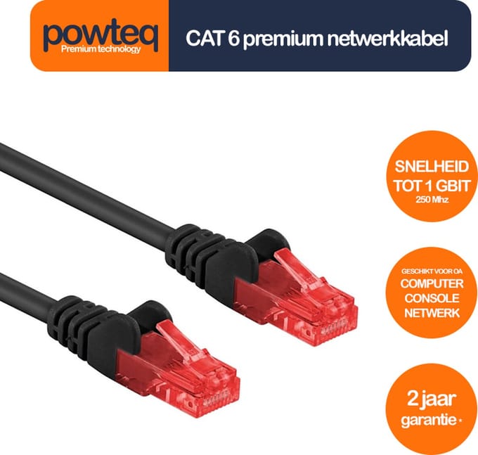 Powteq - 2 meter premium UTP patchkabel - CAT 6 - Zwart - (netwerkkabel/internetkabel)