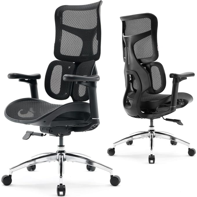 Chaise de bureau ergonomique SIHOO Doro S100 - Support lombaire dynamique double et dossier réglable 5 points noir