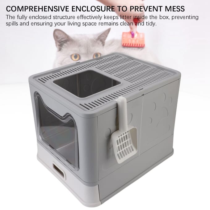 Bac à litière fermé avec tiroir Acier inoxydable Facile à nettoyer Pliable Sortie par le haut Litière pour chat gray