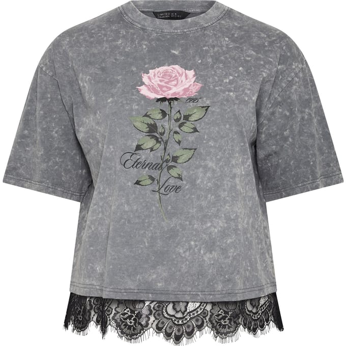 Limited Collection Grijs Tshirt Met Rozenprint En Kant Size 44