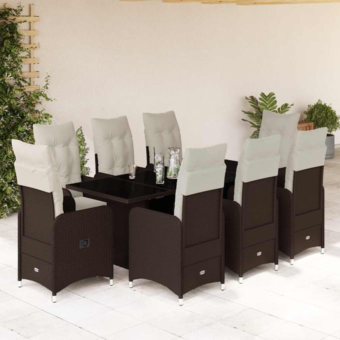vidaXL - 9-delige - Bistroset - met - kussens - poly - rattan - bruin