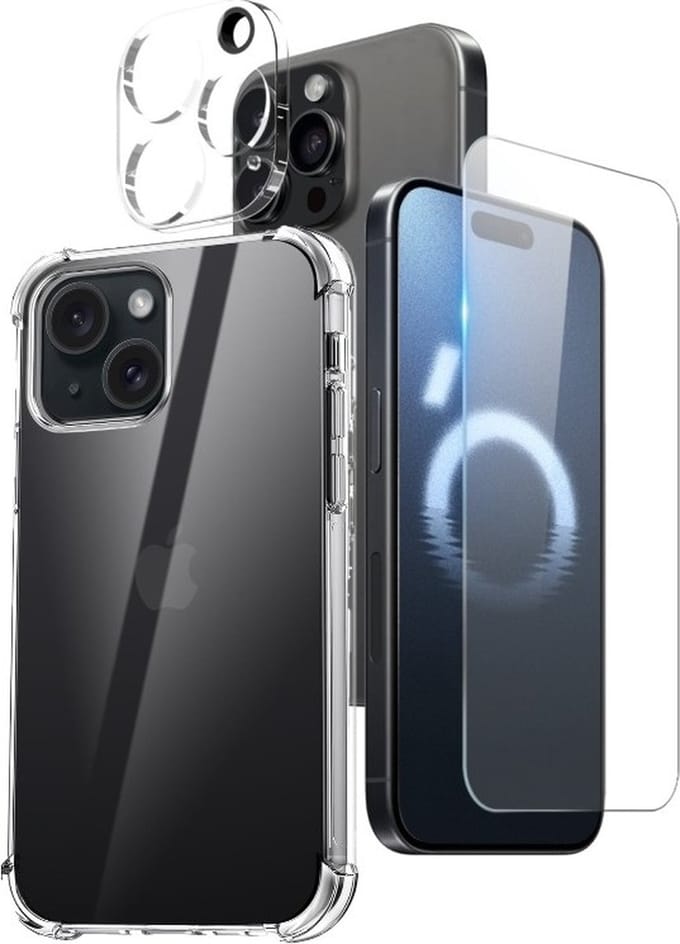 Anti -Shock Silicone hoesje transparant met Screenprotector Glas 2x en Camera lens protector 2x Geschikt voor: iPhone 15 Pro