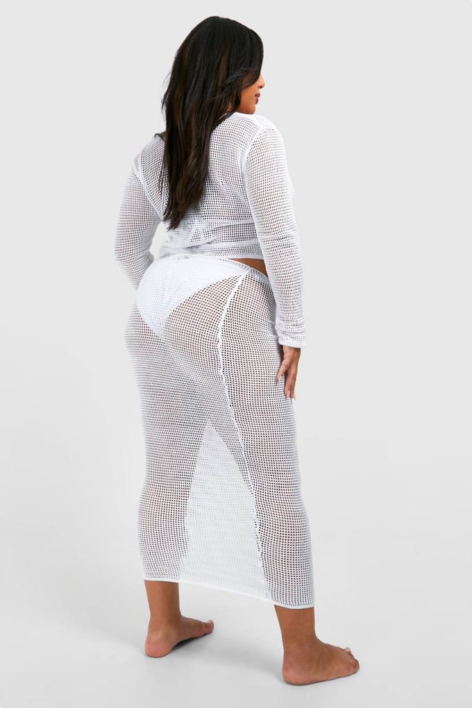 boohoo Dames Plus Lange Mouwen Tie-Top en Rok Strandcoord | Wit | Maat: 48