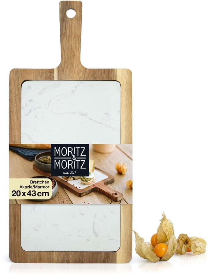 Moritz & Moritz Serveerplank Acaciahout met Marmer - 1,8 cm Dik - Uitneembare Marmeren Plaat - Wit