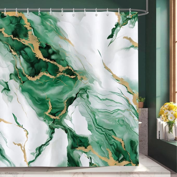 Famanu – Douchegordijn marmer groen/goud 180 x 180 cm – luxe polyester, waterdicht + 12 haken