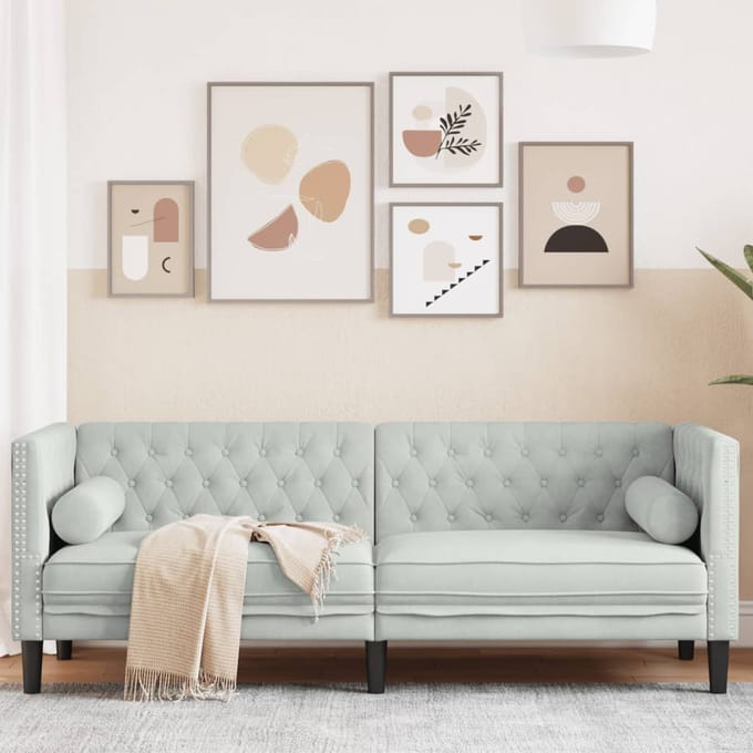 vidaXL - Driezitsbank - Chesterfield-stijl - met - bolsters - fluweel - lichtgrijs