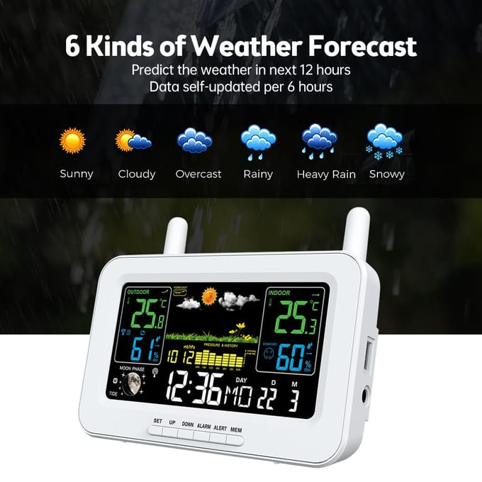 Weerstations Draadloze binnen-buitenthermometers LCD-kleurendisplay Temperatuur-vochtigheid US Plug wit