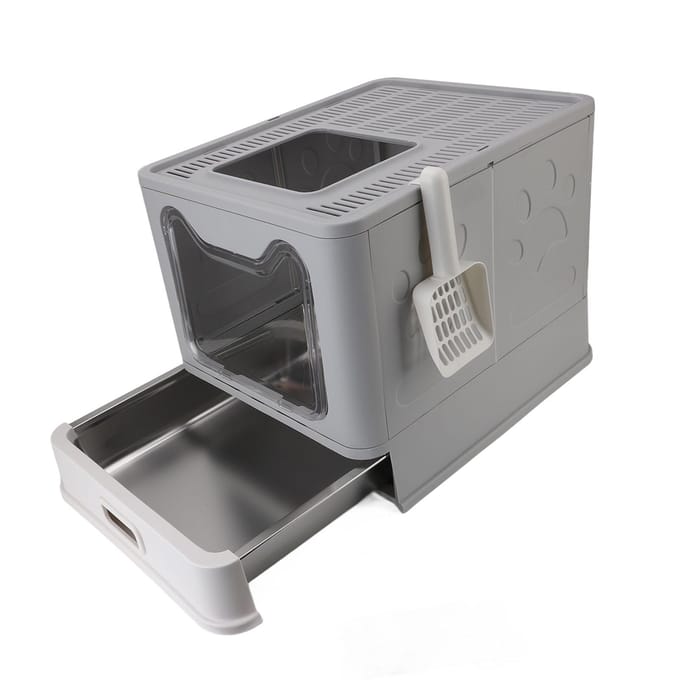 Bac à litière fermé avec tiroir Acier inoxydable Facile à nettoyer Pliable Sortie par le haut Litière pour chat gray
