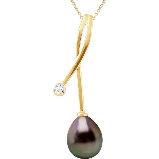 Diamond Pendant 0.020 Cts gekweekte parel TAHITI 8-9 mm Pear Yellow Gold