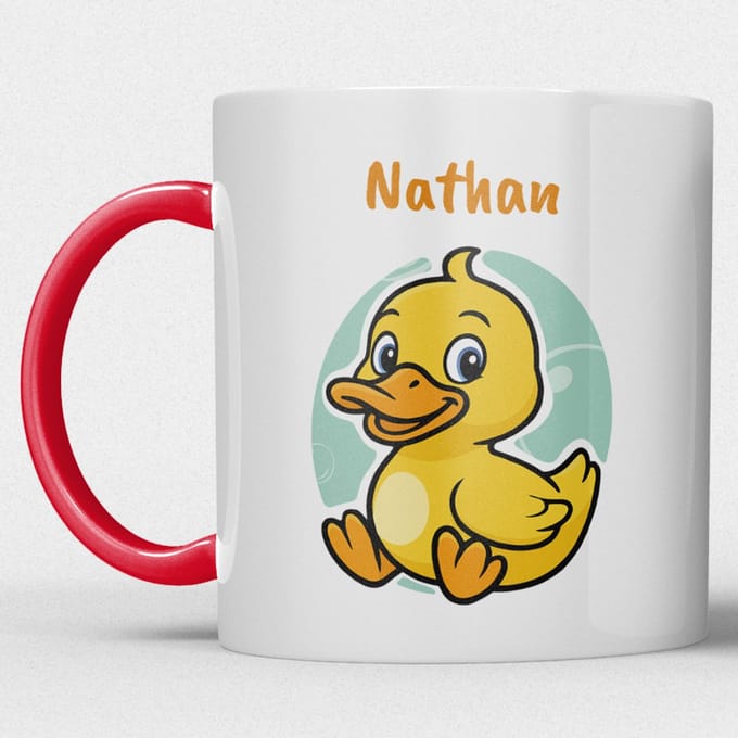 kindermok/kinderbeker | gepersonaliseerd met naam | met eend | rood| Schattige illustraties