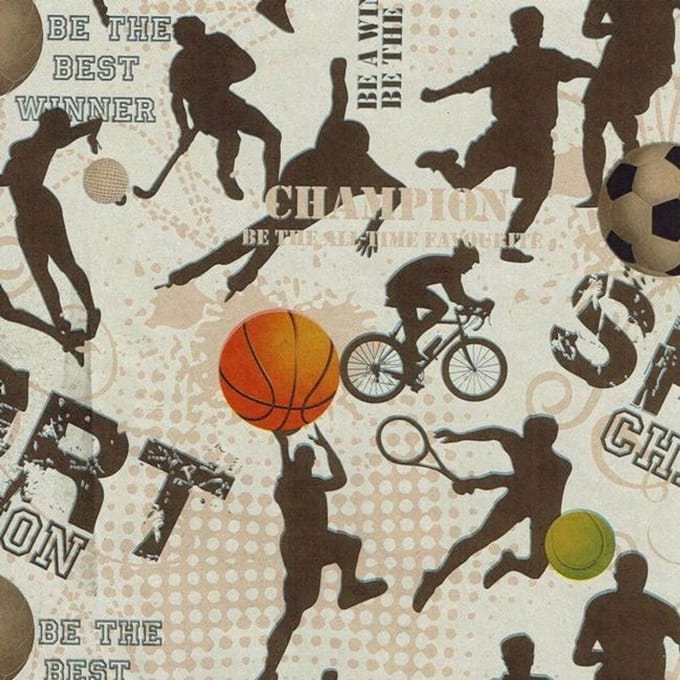 Grijze Kraft Kadopapier met Sportafbeeldingen – 70 cm × 200 m – 70 g/m² Gestreept bruin Kraft – Cadeaupapier