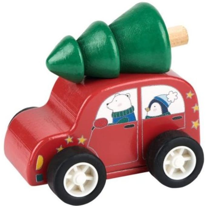 Auto met kerstboom hout pull back 2 assorti