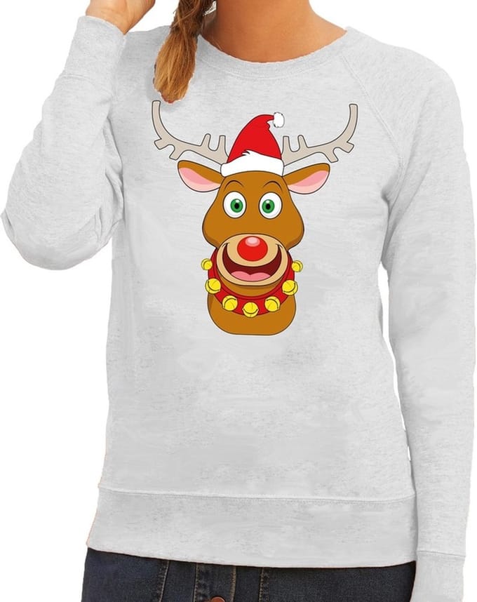 Bellatio Decorations Foute kersttrui - sweater - Rudolf het rendier met rode kerstmuts - grijs - dames - Kersttruien M