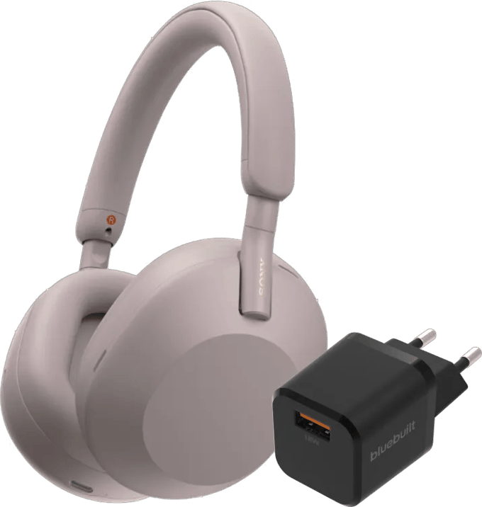 Sony WH-1000XM5 Roze + BlueBuilt Quick Charge Oplader met Usb A Poort 18W Zwart