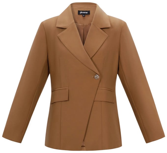 Comfortabele Geweven Polyester Dames Blazer met Dubbele Rij Knopen - Kameel - Maat M