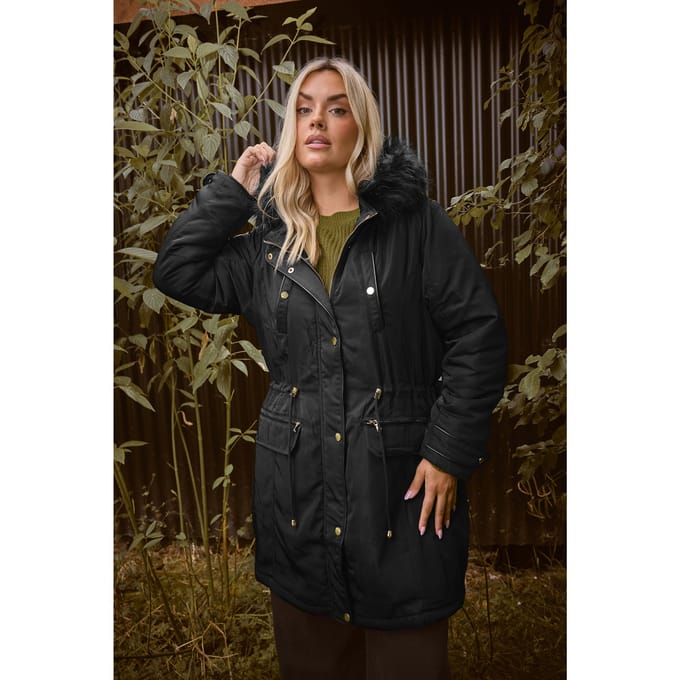 Yours Parkajas Met Capuchon Met Imitatiebontrand In Zwart Size 48