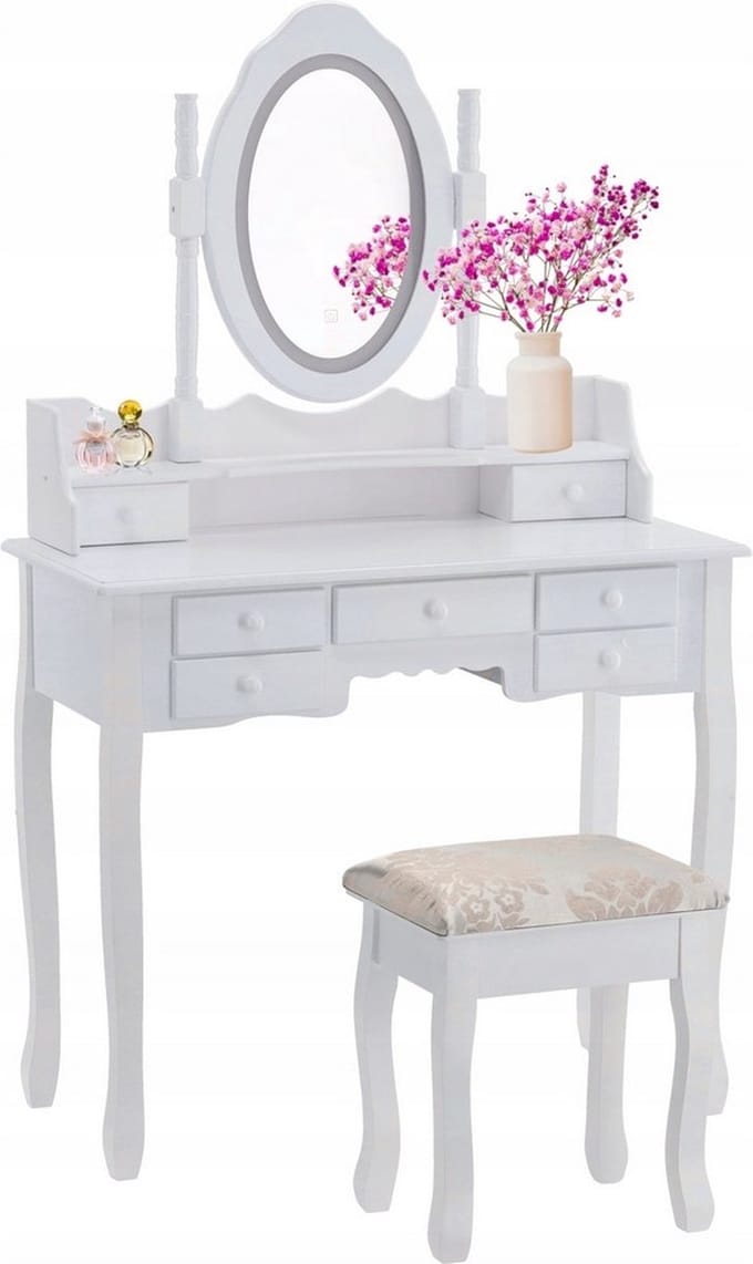 Kaptafel - met spiegel, licht en kruk - 90x40x146 cm - wit