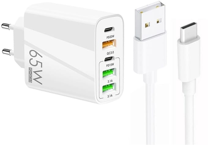 65W 5-Poorts USB Lader met Dual USB-C PD + 3X USB-A - Inclusief 1 meter 3A USB naar 8-Pin Kabel - Snellader - wit
