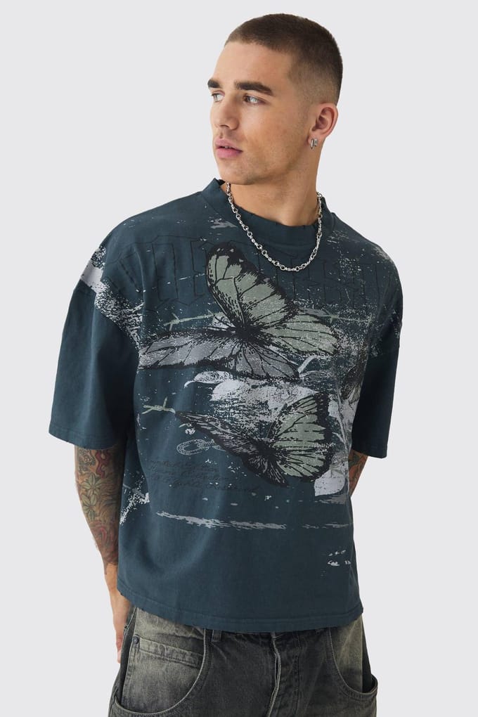 Oversized Boxy Butterfly Print Washed Raw Edge T-Shirt | Grey | Size Medium