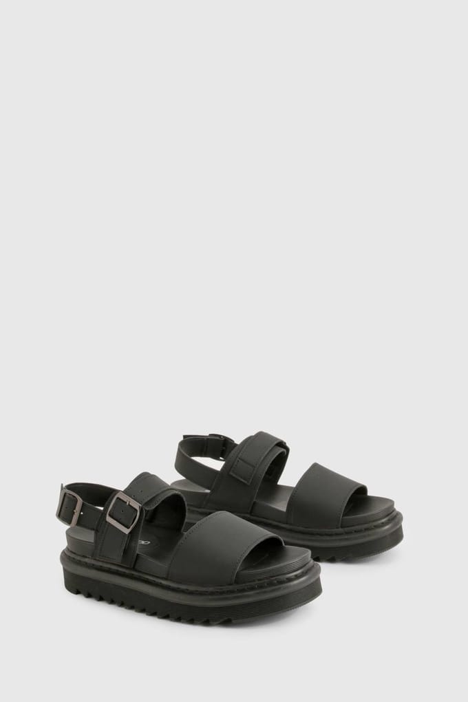 boohoo Dames Chunky Gespdetail Flatform Sandalen | Zwart | Maat: 36