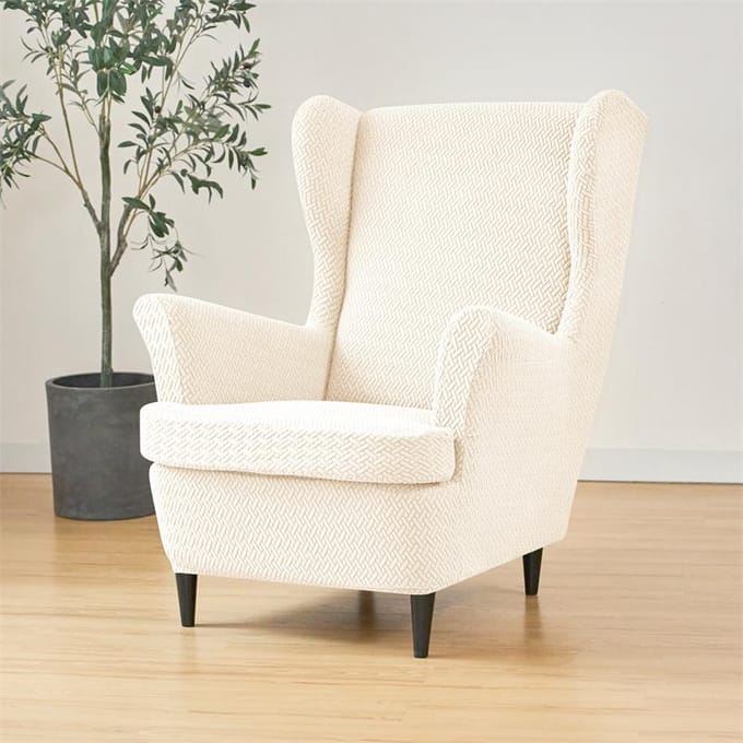 2 pièces/ensemble Housse de fauteuil à oreilles élastique Couleur unie Housse de fauteuil avec coussin d'assise Housse de canapé extensible pour salon bureau 1set white