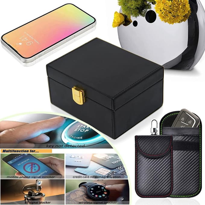 Faraday Box met 2-pack Faraday Pouch, sleutelhangerbeschermer, Keyless Entry autosleutelkluisbeschermer RFID 0 zwart