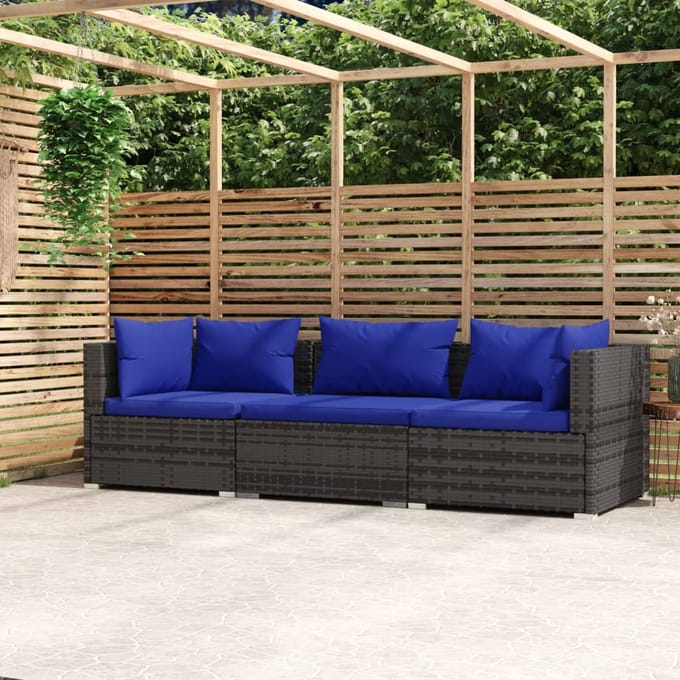 vidaXL - Tuinbank - 3-zits - met - kussens - poly - rattan - grijs