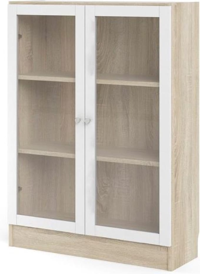Base wandkast 2 glazen deuren eiken structuur decor, wit.