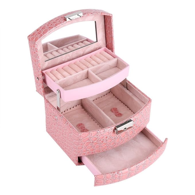 Dailygoody - Sieradenbox Roze met 3 Lades - Luxe PU Leer en Spiegel - Lockable met Sleutel